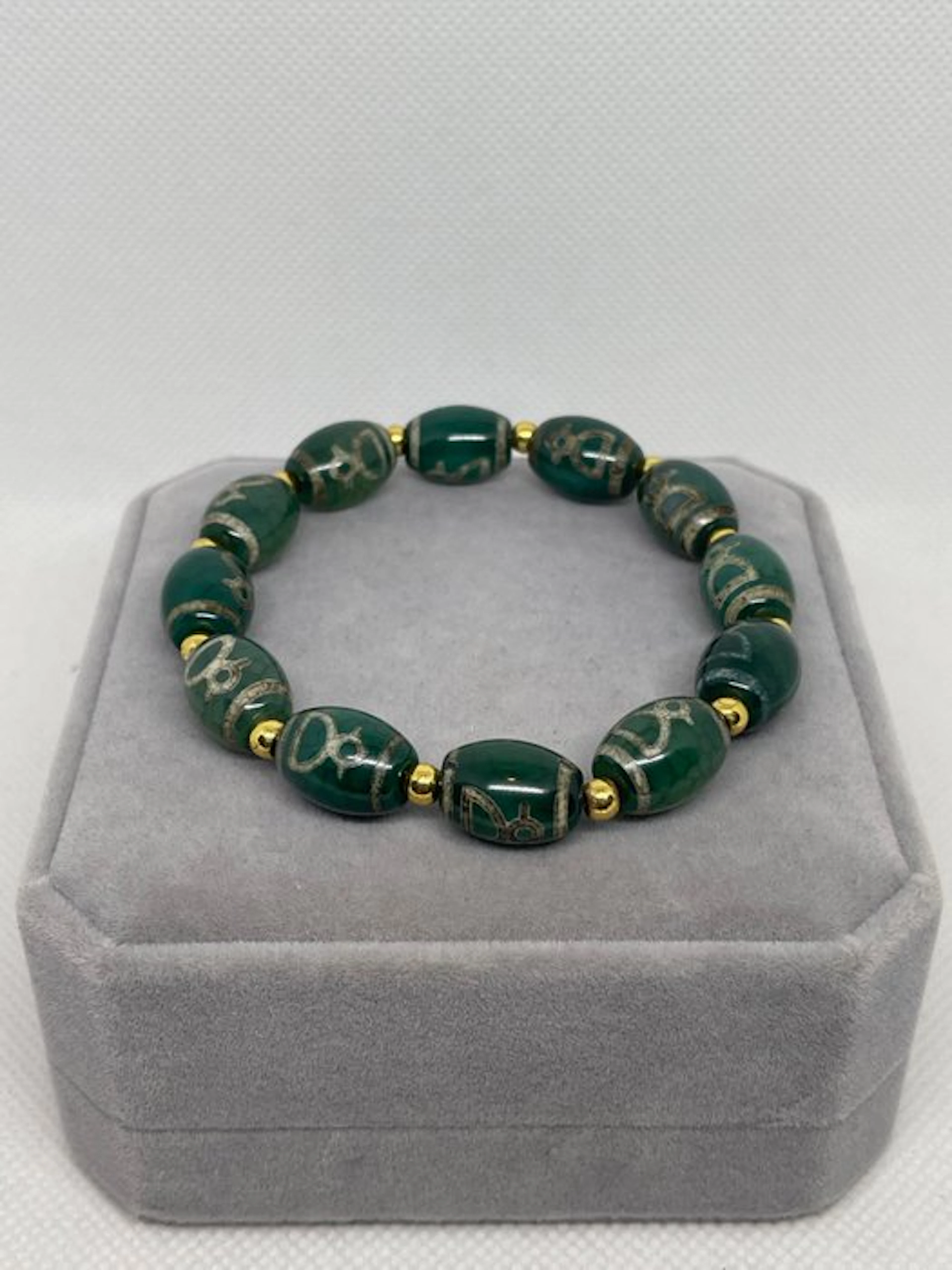 Exclusive Dzi-style green agate bead bracelet with...