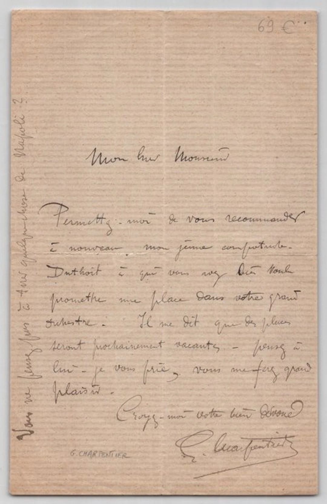Gustave Charpentier - Lettre autographe signée - Recommandation musicien