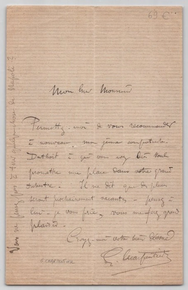 Gustave Charpentier - Lettre autographe signée - Recommandation musicien