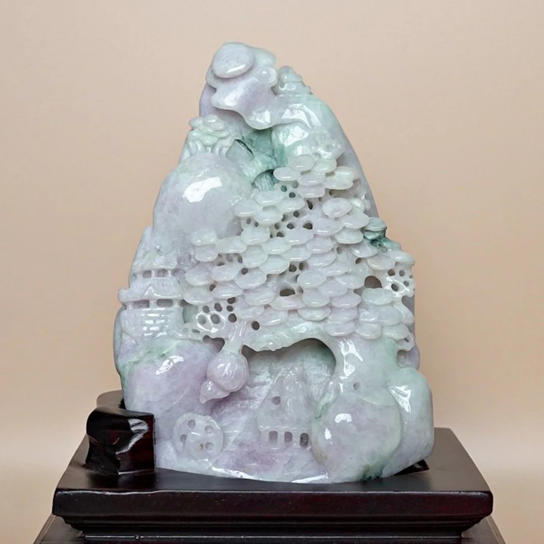 Premium-Jadeit-Landschaftsschnitzerei – „Reisen in Bergbächen: Offiziell anerkannt durch China“ - Höhe: 15 cm - Breite: 10 cm- 1085 g - (1)