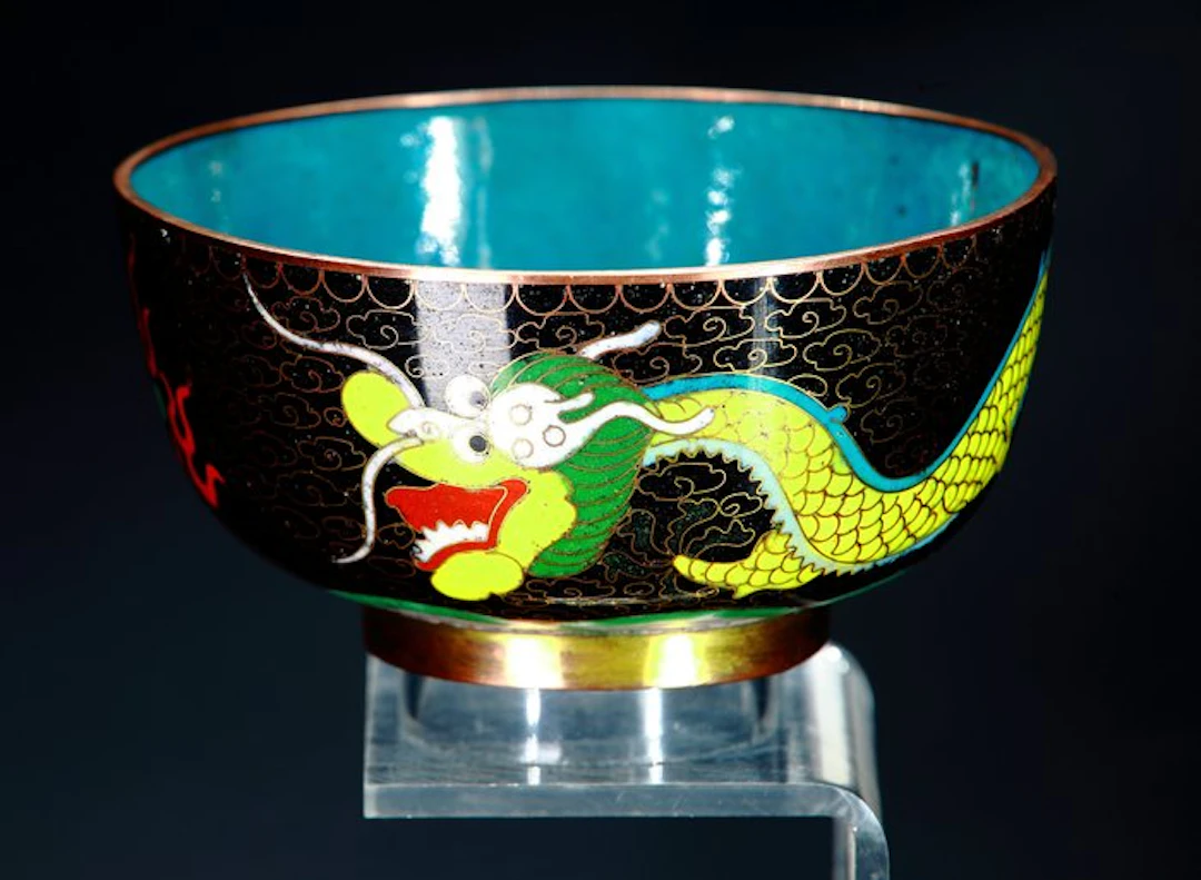 Chinese Cloisonné Enamel Dragon Bowl – Black Ground with...