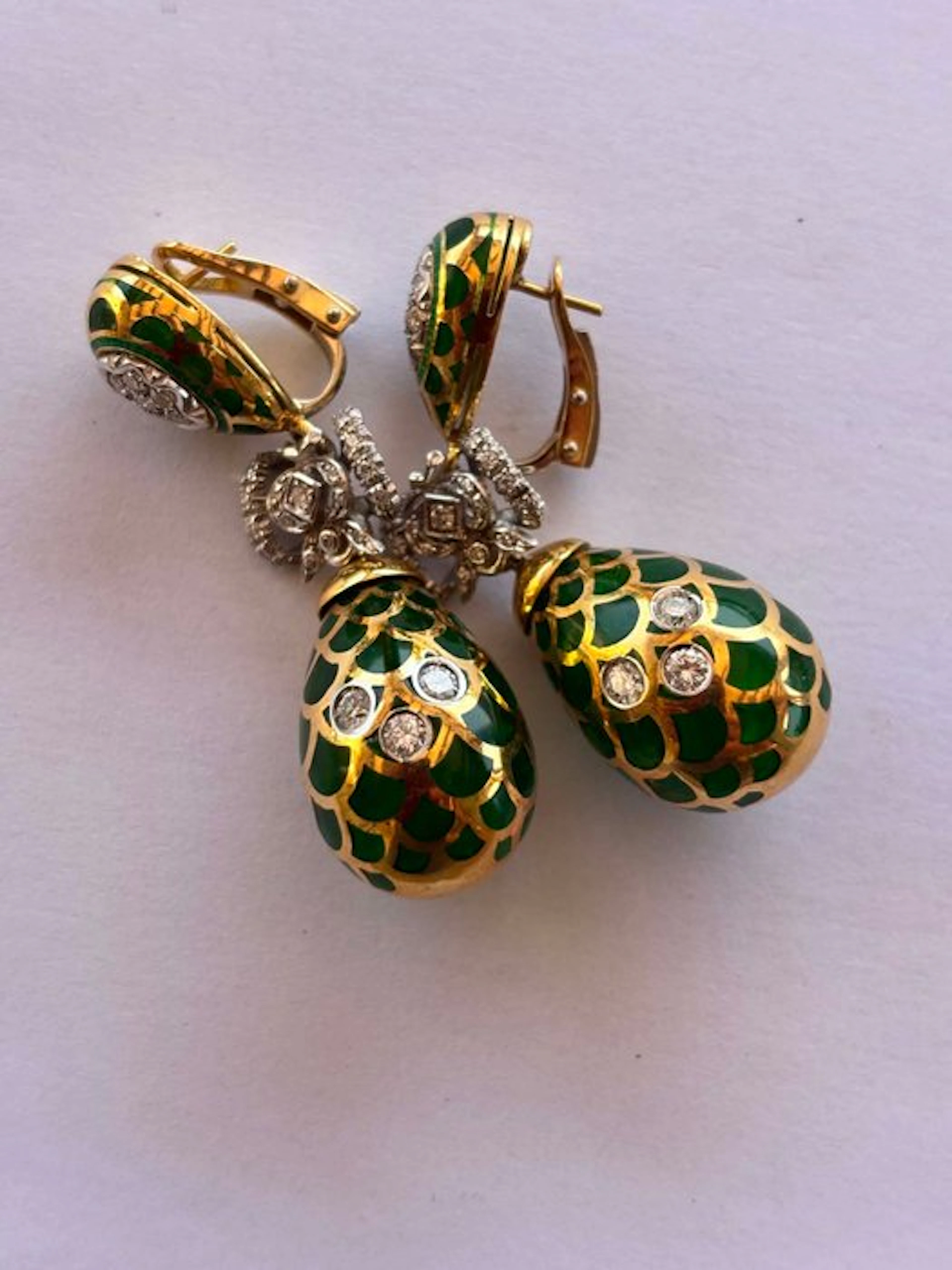 Drop earrings - 18 kt. Yellow gold, White gold, Enamel
