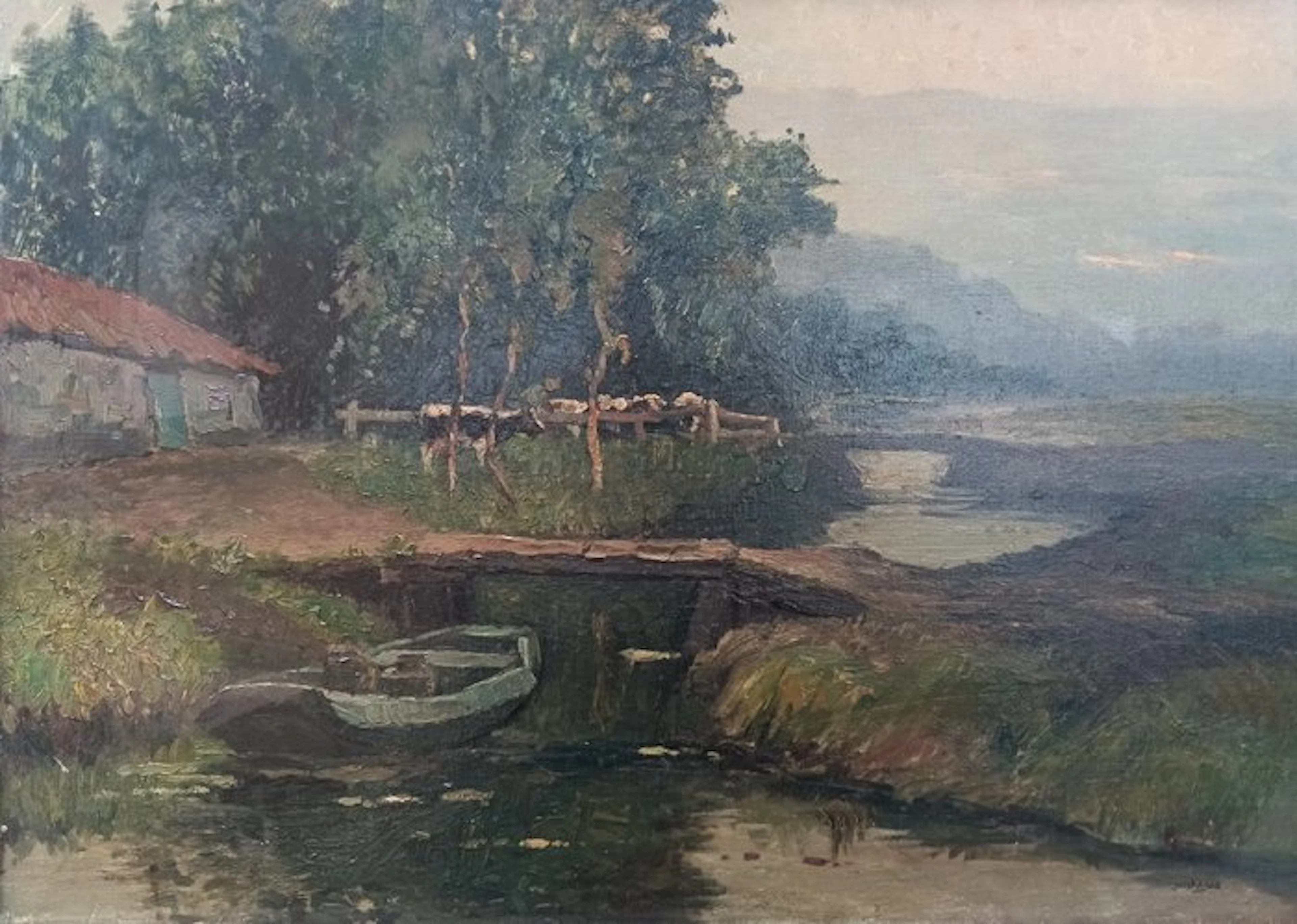 Jan Kagie (1885-1971) - Polderlandschap met boerderij en koeien in een wei