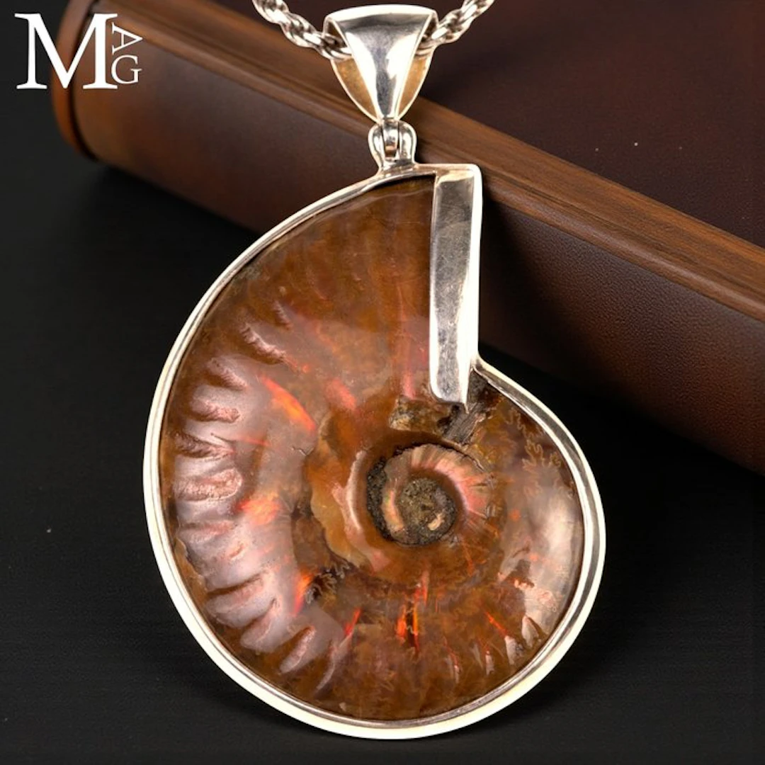 Sterling Silver Pendant Iridescent Cleoniceras Ammonite...