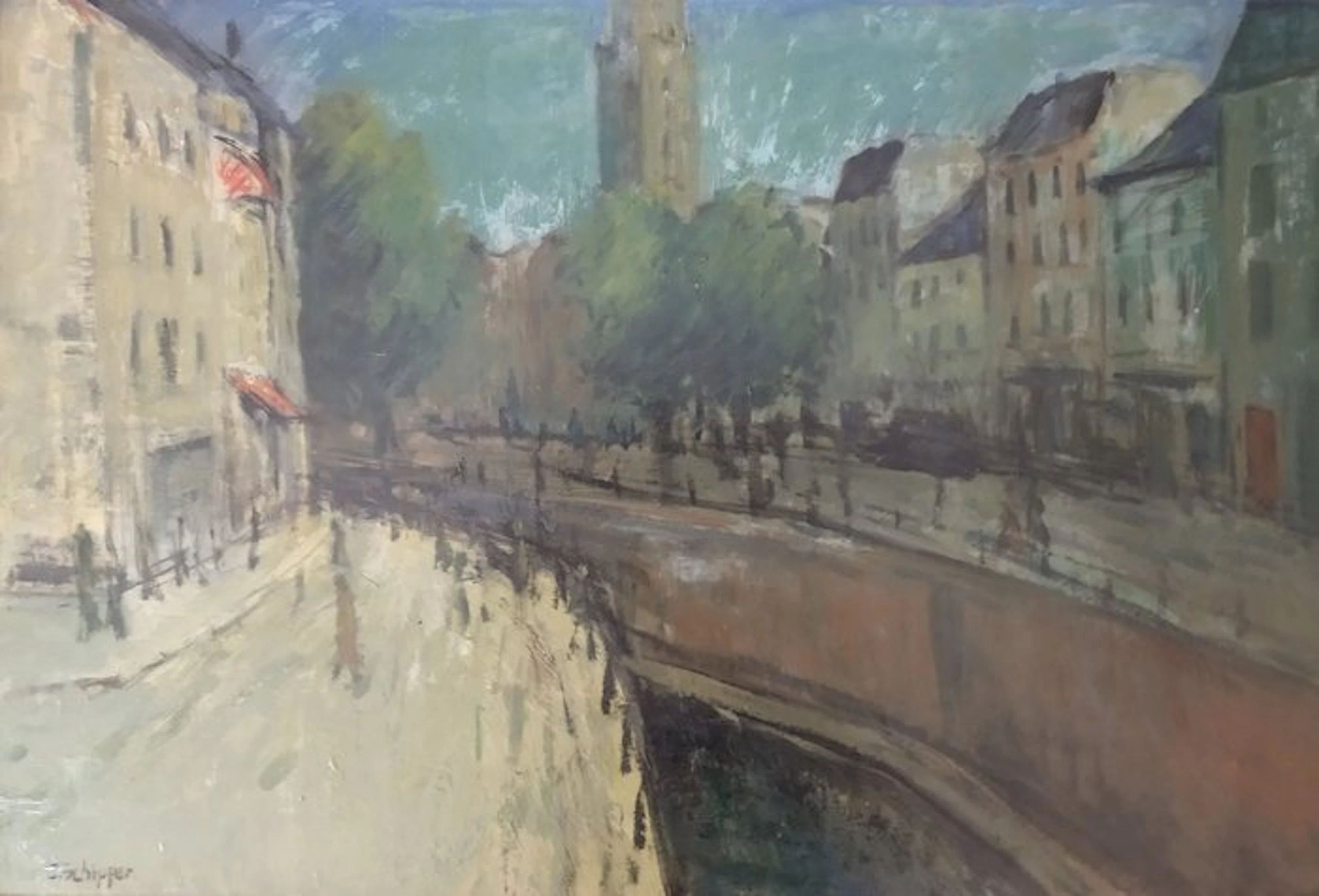 Jan Schipper (1899-1961) - Expressionistisch stadsgezicht met gracht