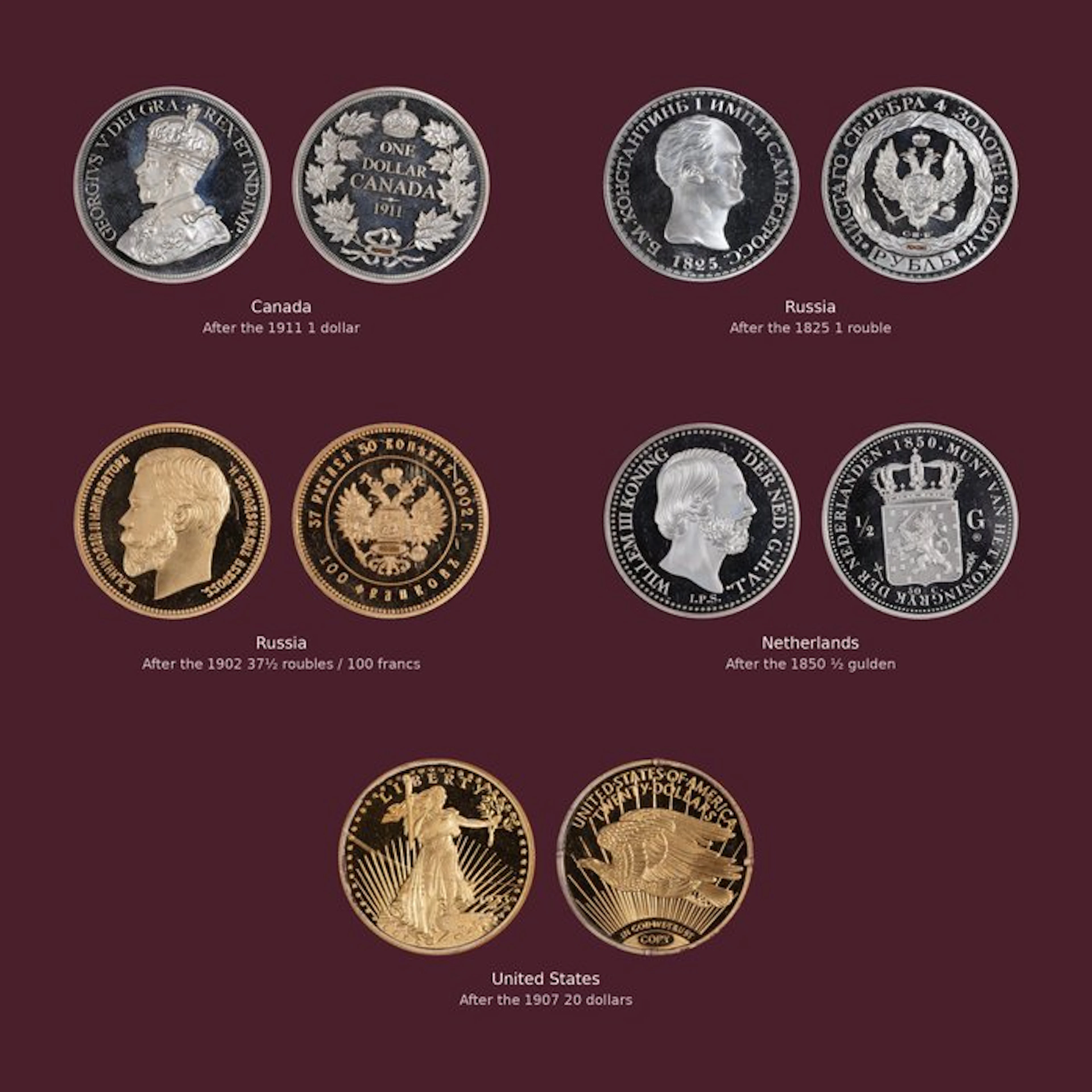 World. 5 historical coin Restrikes Canada