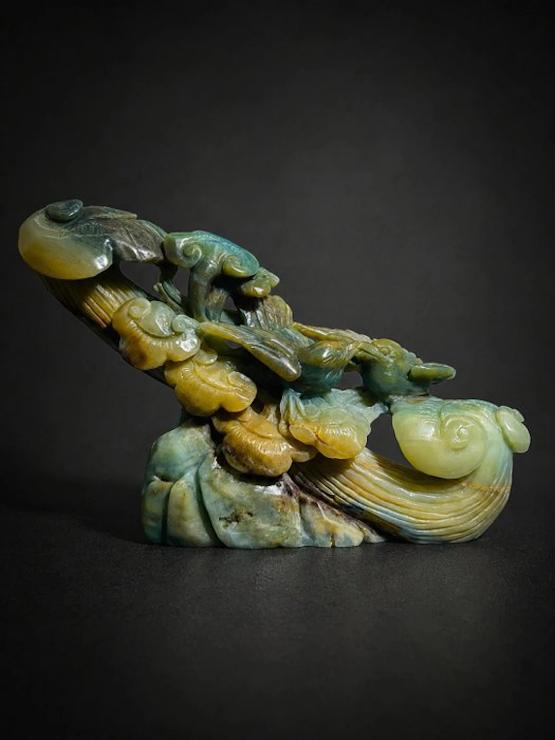 Amazonite Carving of a Bird Couple on a Tree Branch- 924 g - (1)