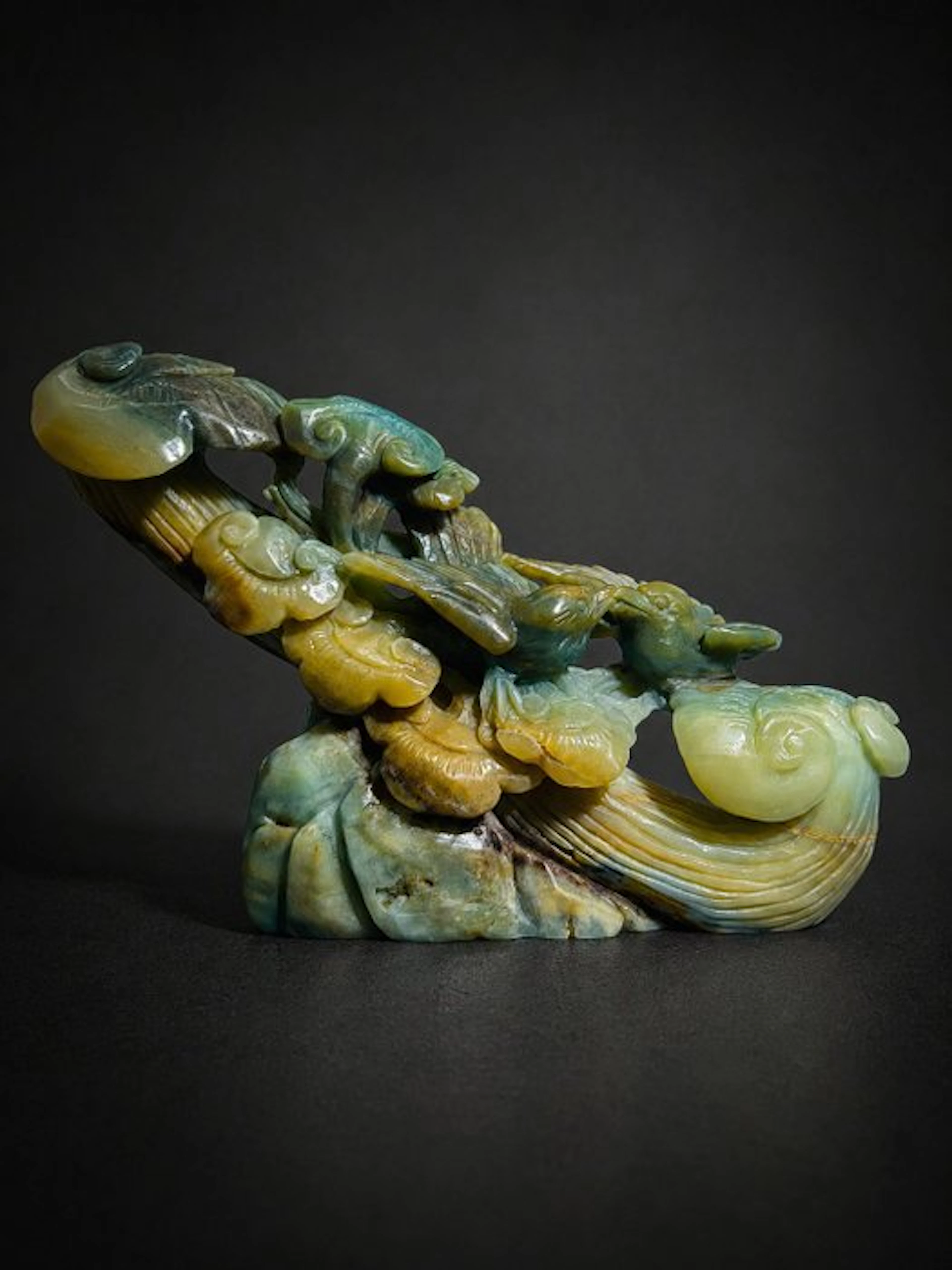 Amazonite Carving of a Bird Couple on a Tree Branch- 924 g - (1)
