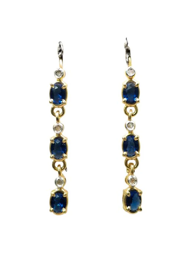 No reserve price - Earrings - 9 kt. Silver, Yellow gold Sapphire - Diamond