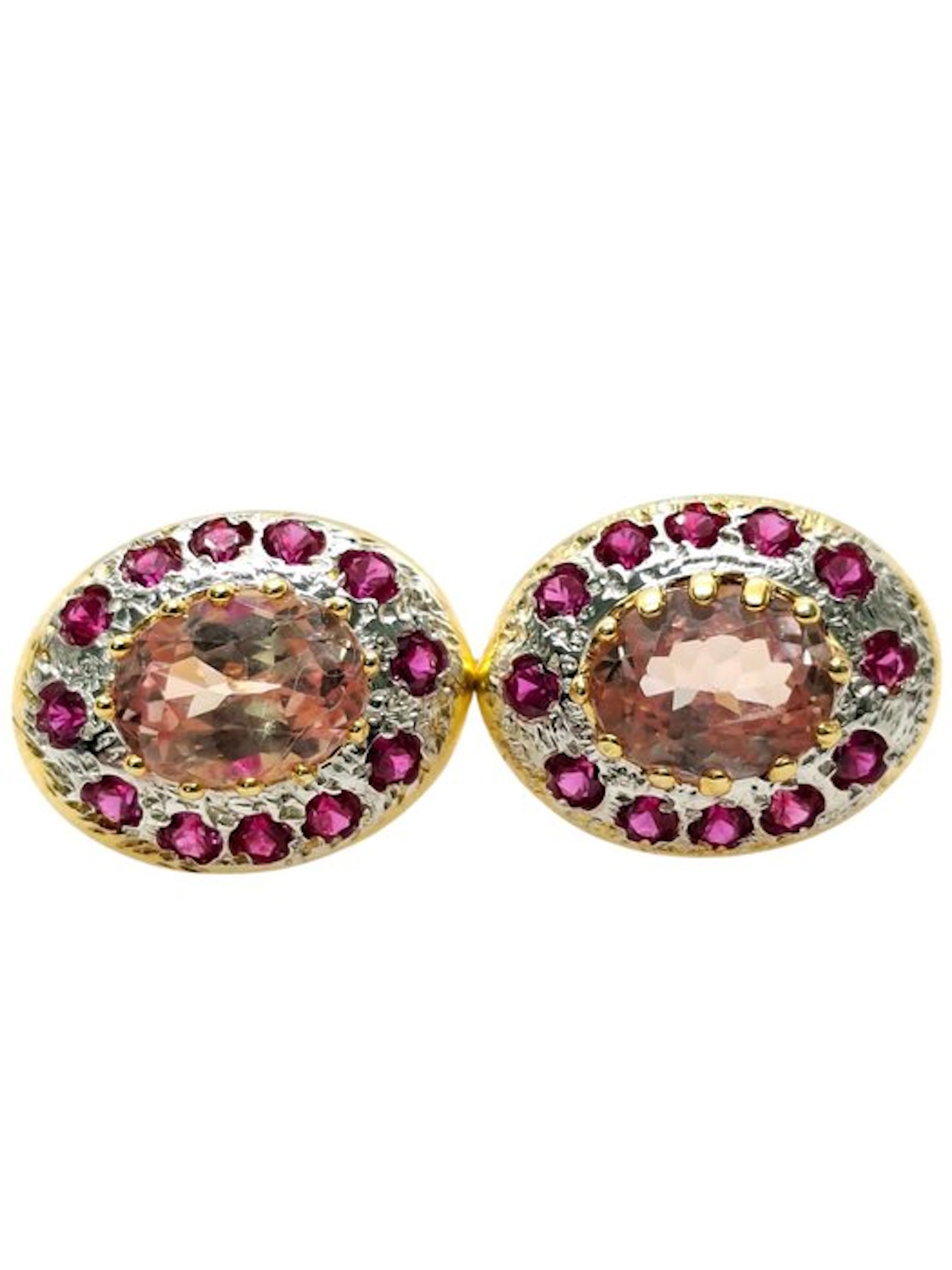 No reserve price - Earrings - 9 kt. Silver, Yellow gold Morganite - Ruby