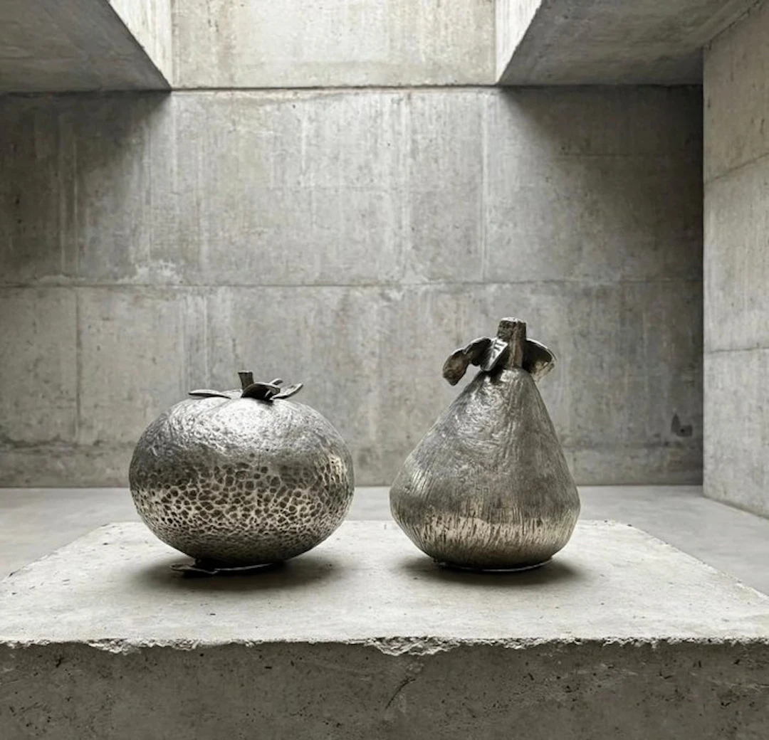 Sculpture, sculture portagioie ,agrume e fico - 6.5 cm - .800 silver