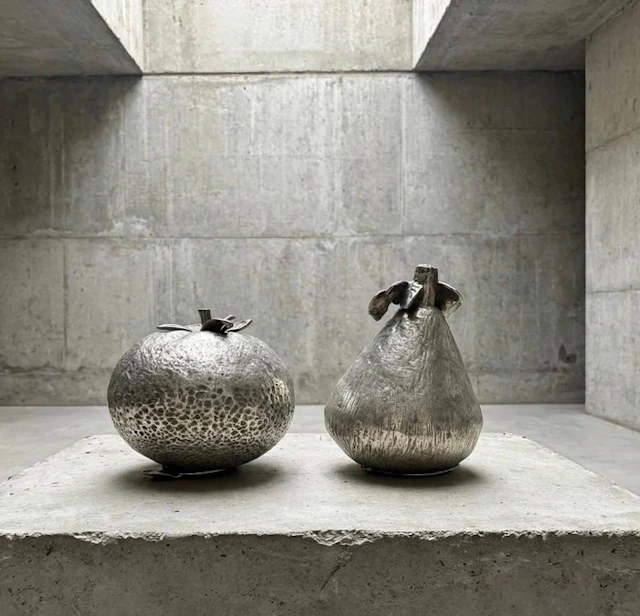 Sculpture, sculture portagioie ,agrume e fico - 6.5 cm - .800 silver