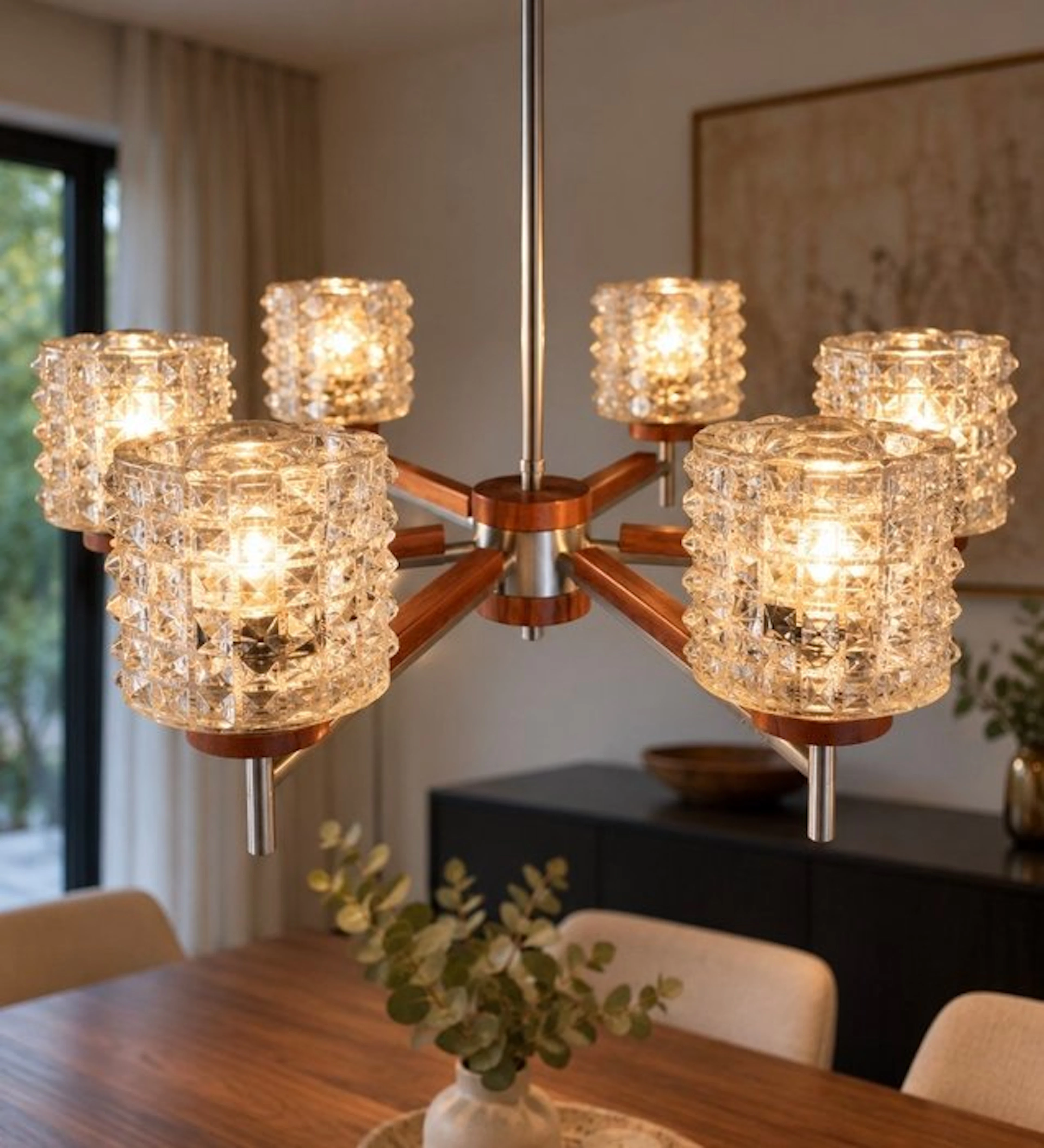 Hanging lamp - Glass, Wood, Metal - 1970s chandelier