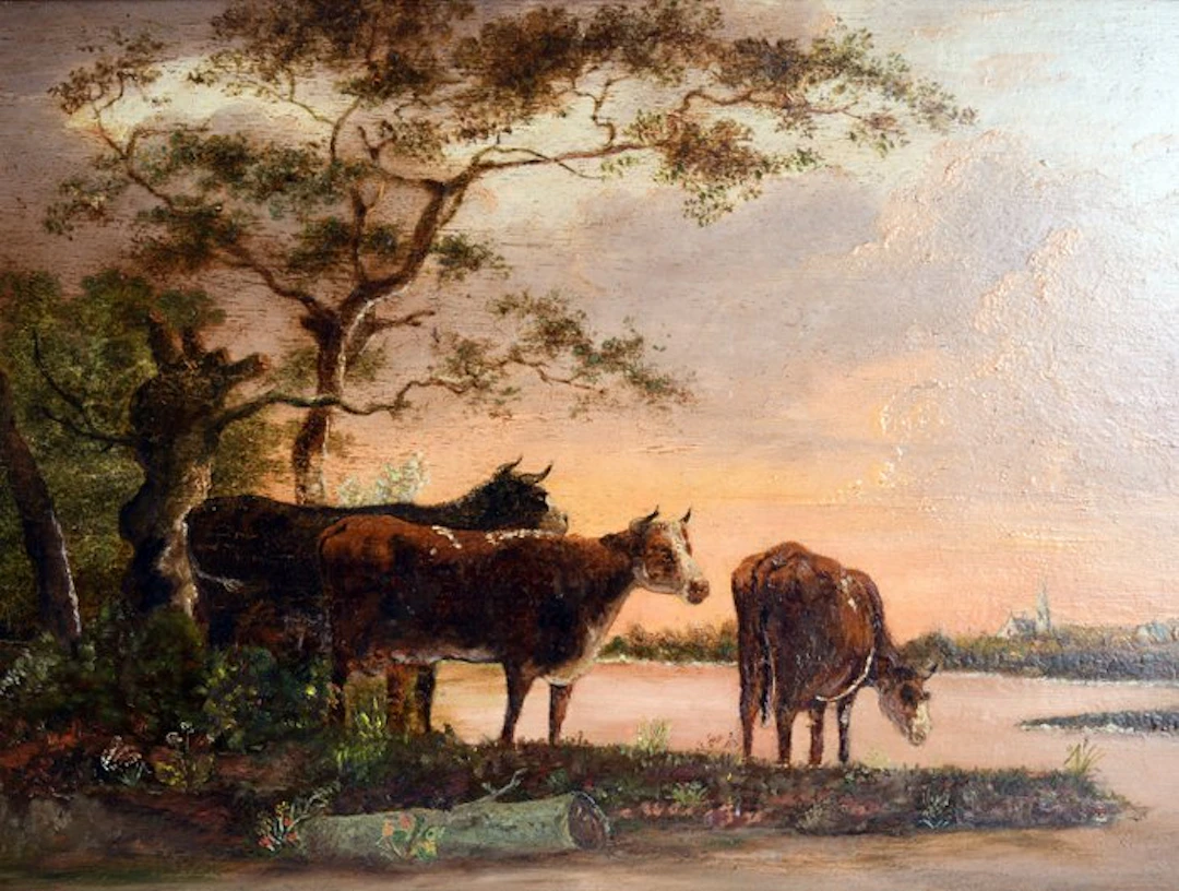 Hollandse School (XIX-XX) - Landschap met runderen aan de waterkant