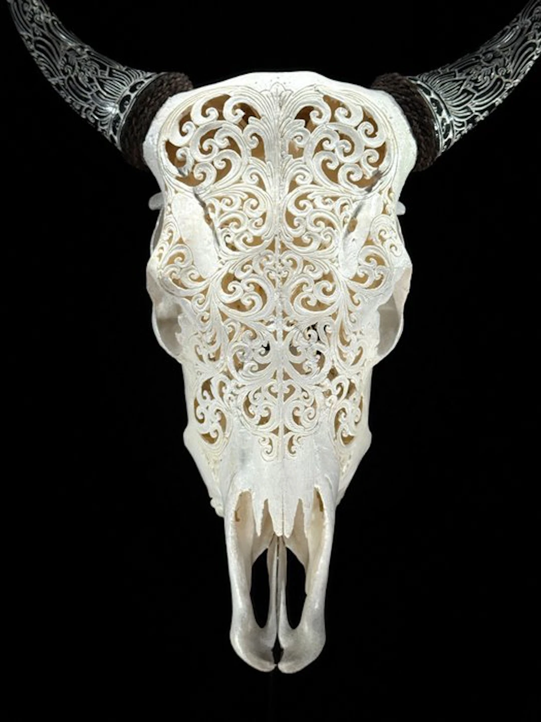 NO RESERVE PRICE - White Carved Cow Skull with Bohemian...