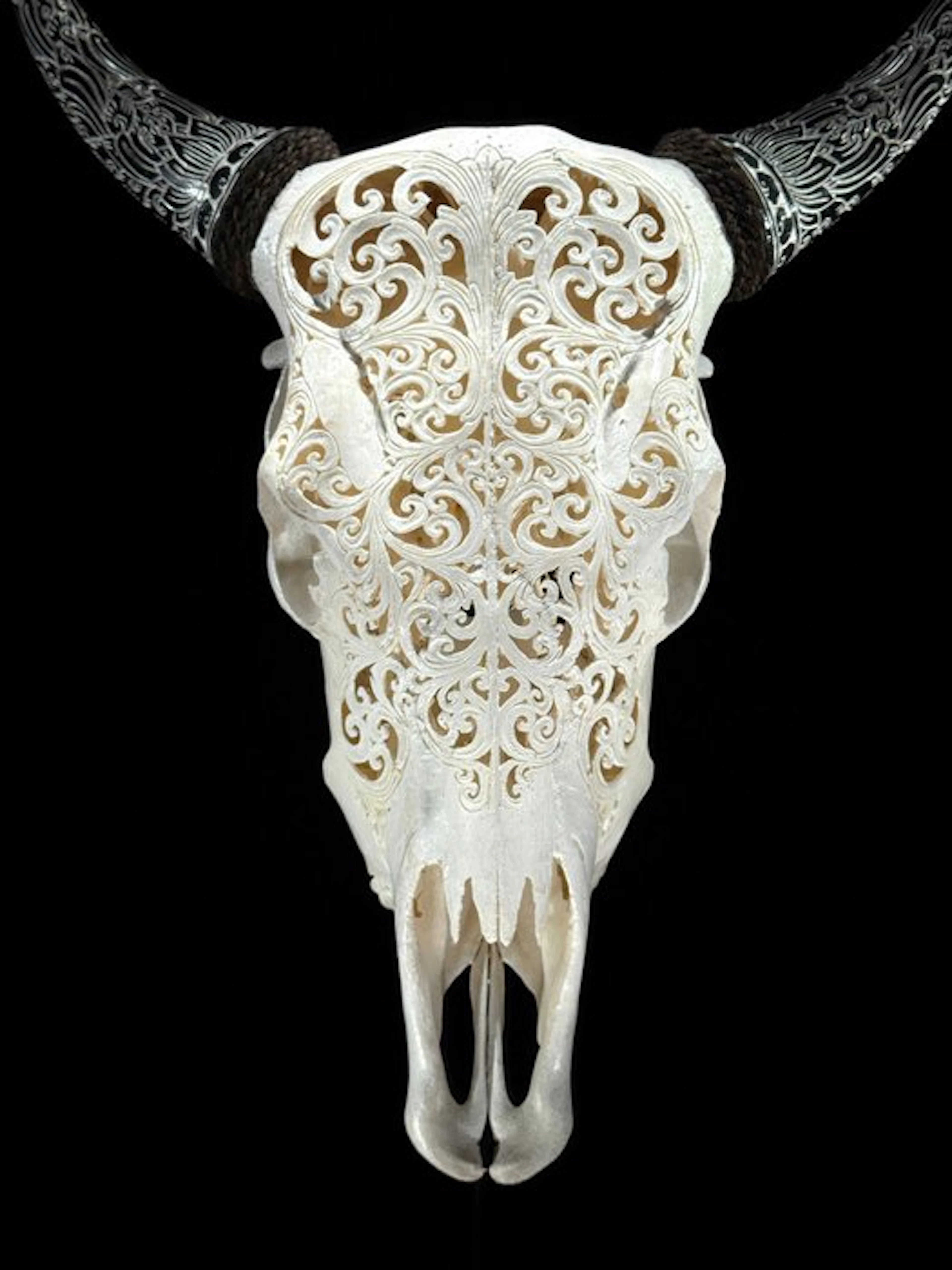 NO RESERVE PRICE - White Carved Cow Skull with Bohemian...