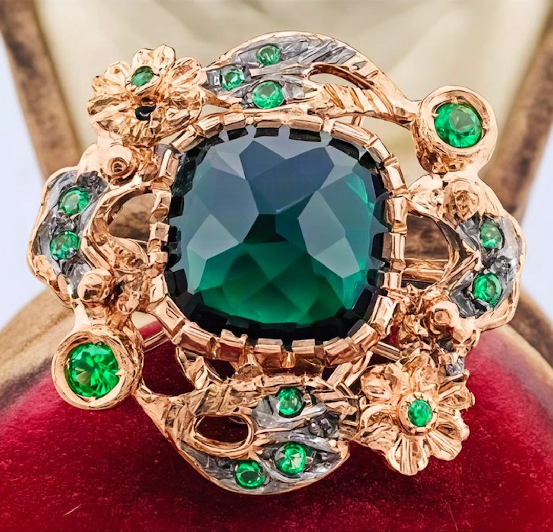 No reserve price - Ring - 9 kt. Rose gold, Silver Emerald - Emerald