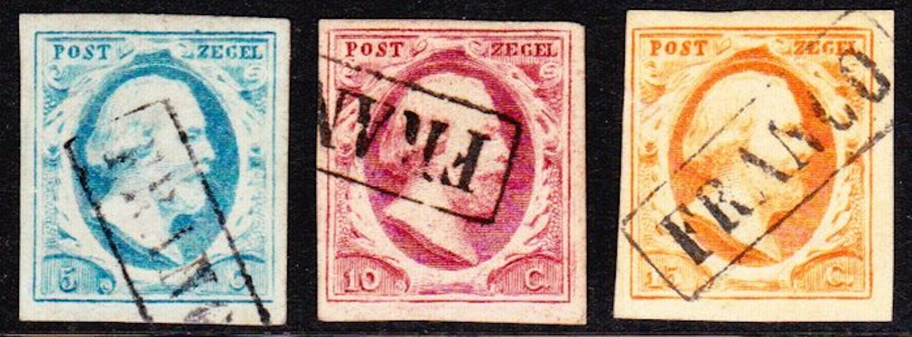 Netherlands 1852 - King William III complete series nicely framed. - NVPH 1/3