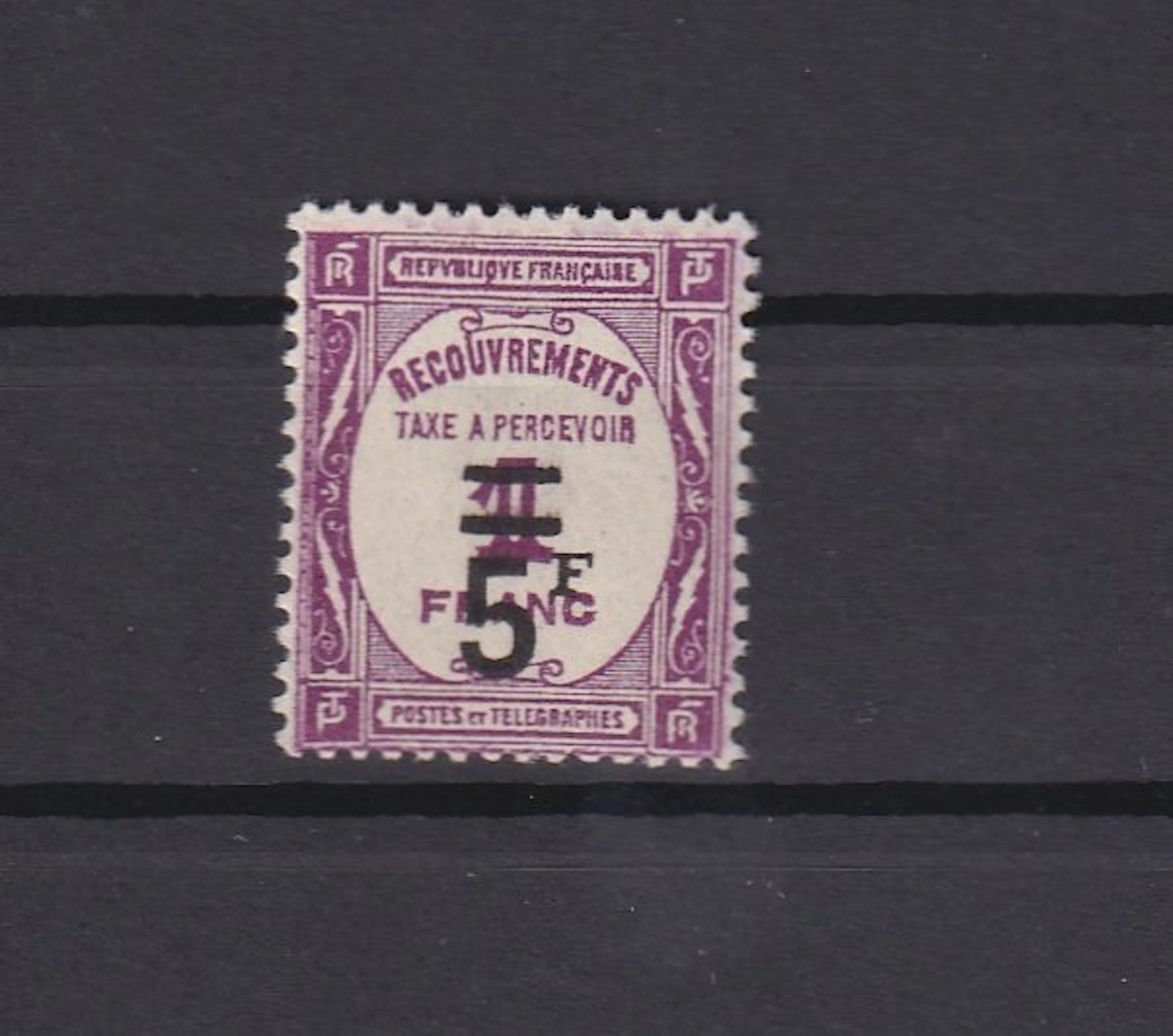 France 1929 - neuf sans charnoère, taxe 5fr sur 1 frs lilas - Yvert taxe n°65