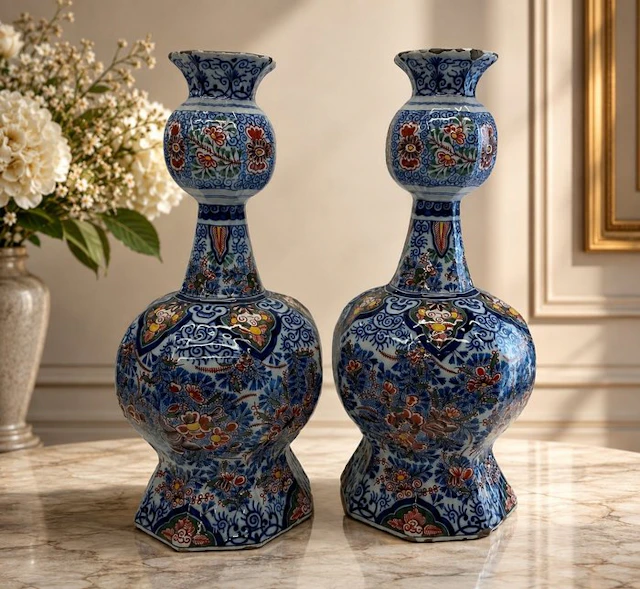 Paar grote polychrome Delftse knobbelvazen - Vase - Earthenware