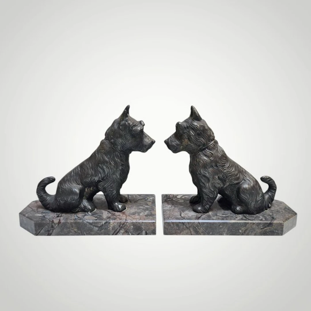 Hippolyte Moreau - Bookends - Fox Terrier dogs - Spelter, Marble
