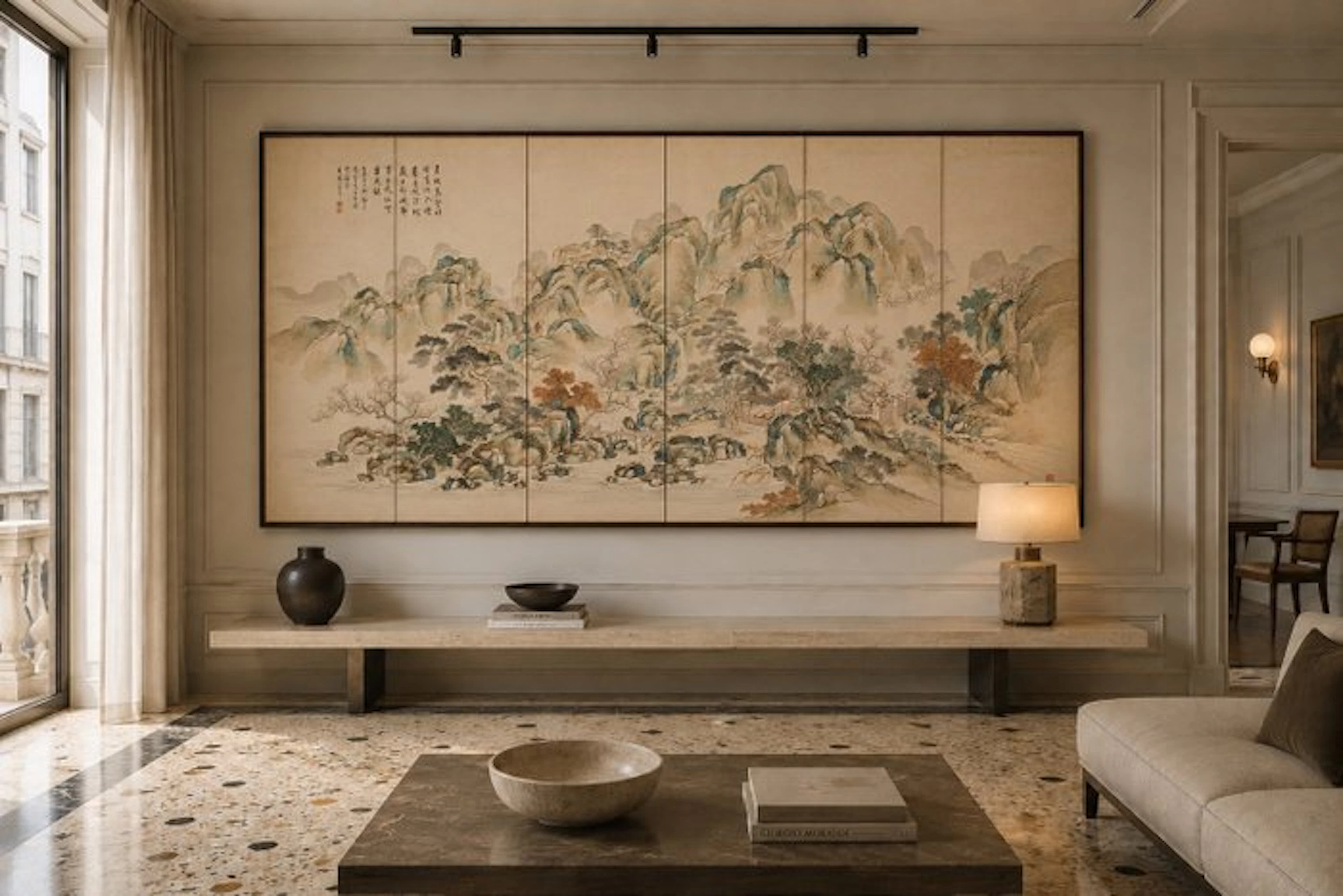A six-panel byōbu with a mountainous lake landscape - Paper