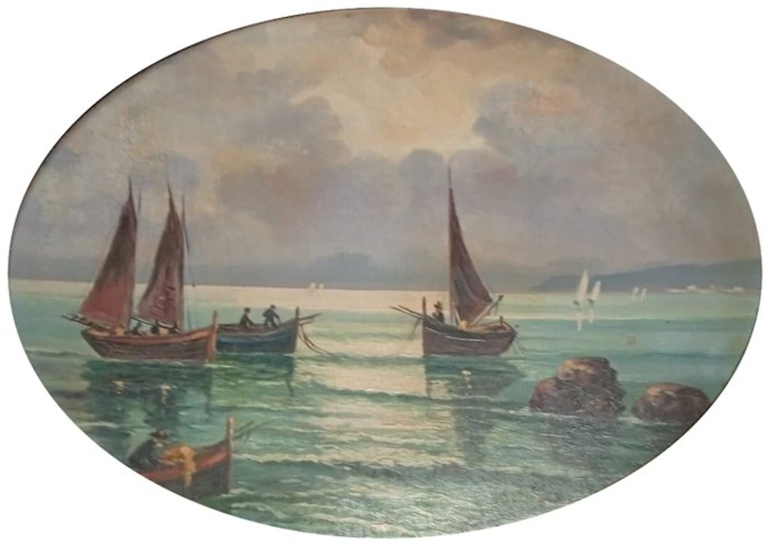 Scuola italiana (XIX-XX) - Marina con barche a vela e pescatori