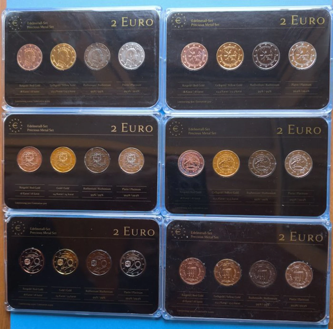 Europe. 2 Euro Various Years (6 Items colored by a...