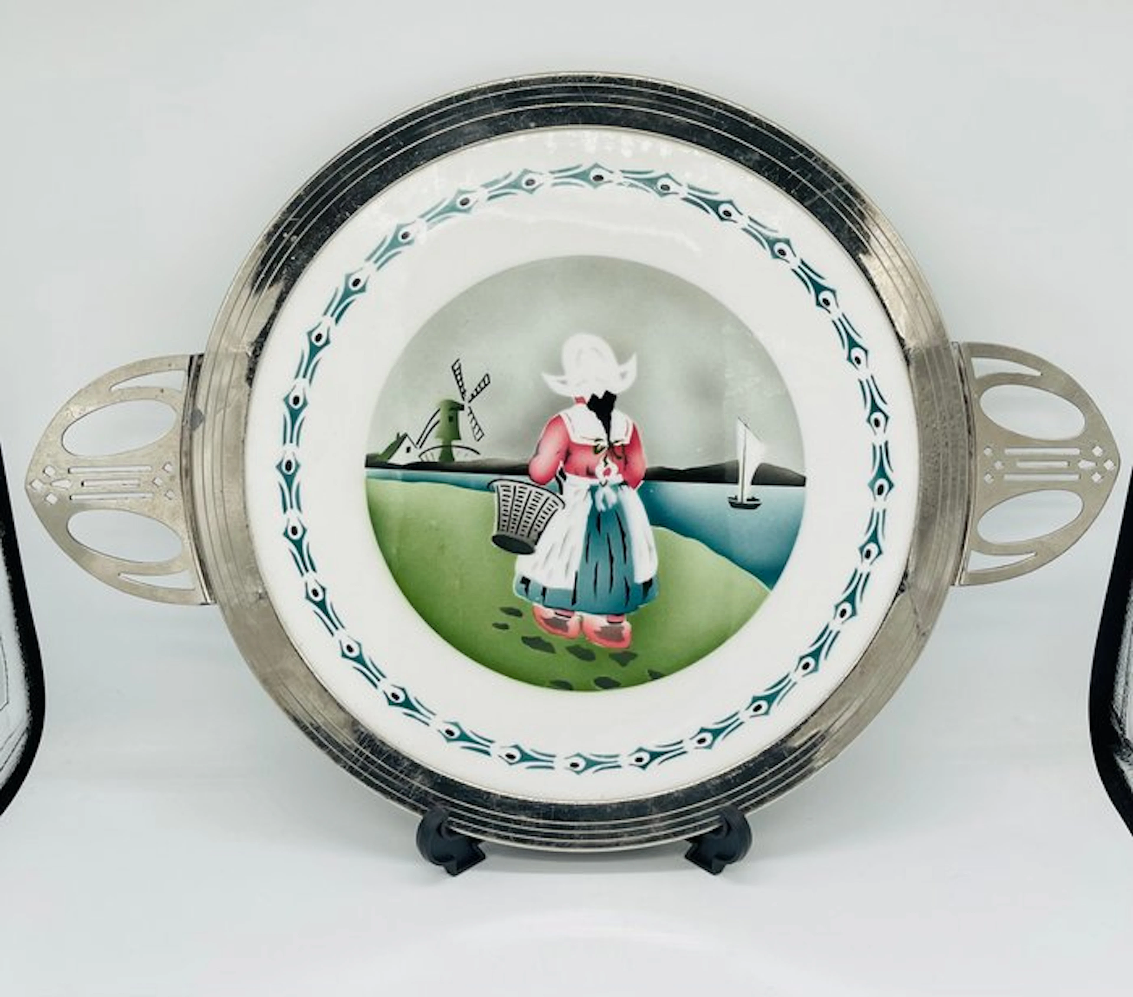 Serving plate - Fayance, Metal - Art Nouveau platter