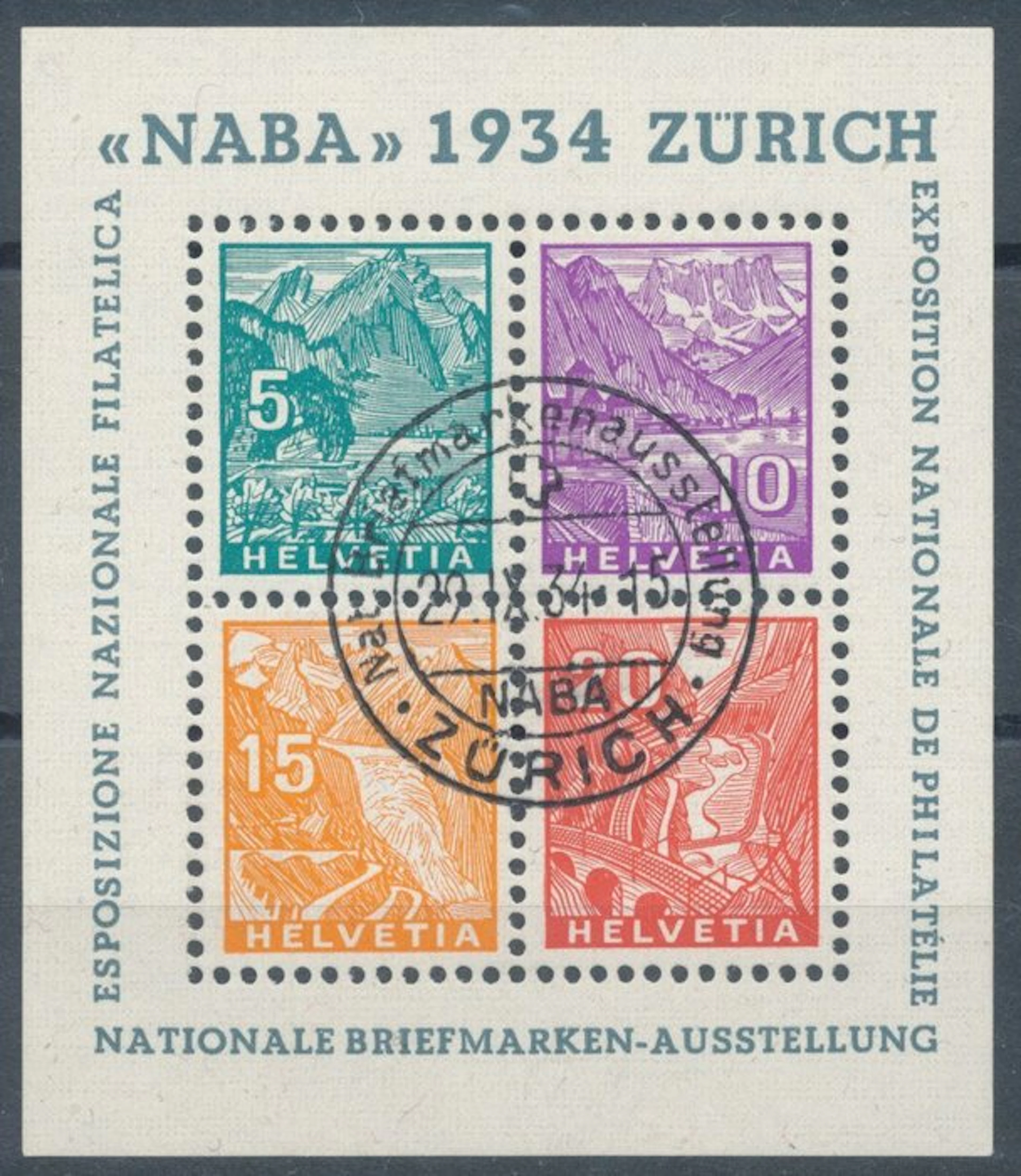 Switzerland 1934/1934 - NABA miniature sheet with first-day cancel. - SBK 1