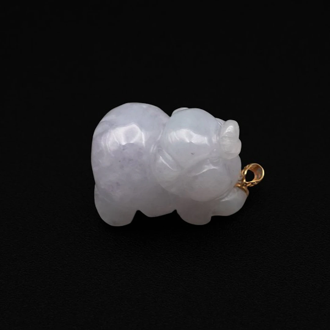 Natural Jadeite Boar Carving Pendant with 18K Gold Bail...