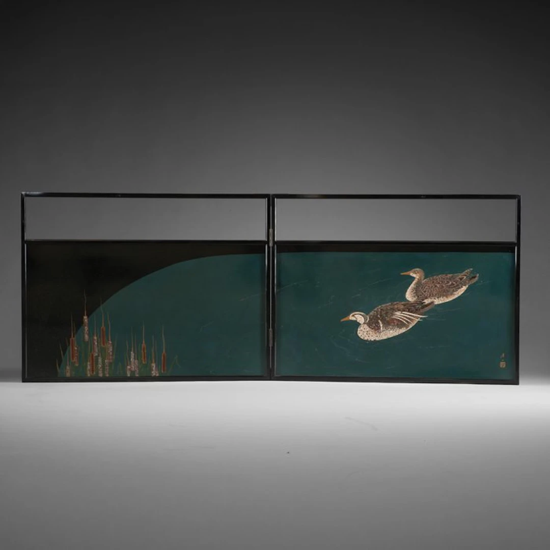 Tea-ceremony folding screen with ducks - Mother of pearl
