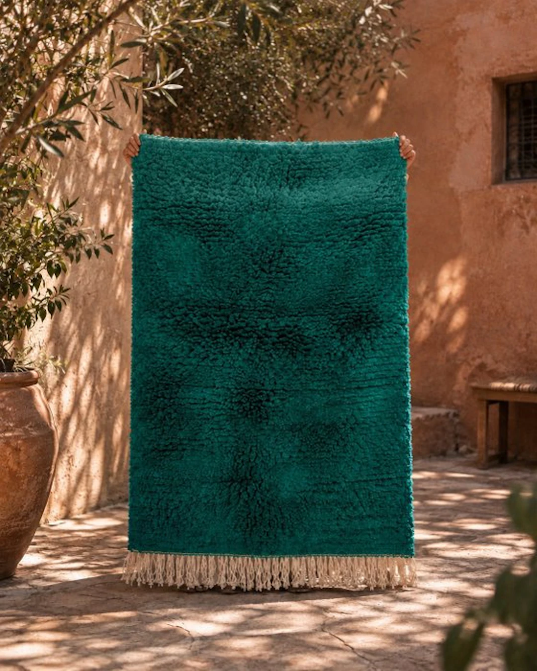 Karpet - Handmade deep-green monochrome Berber Beni...