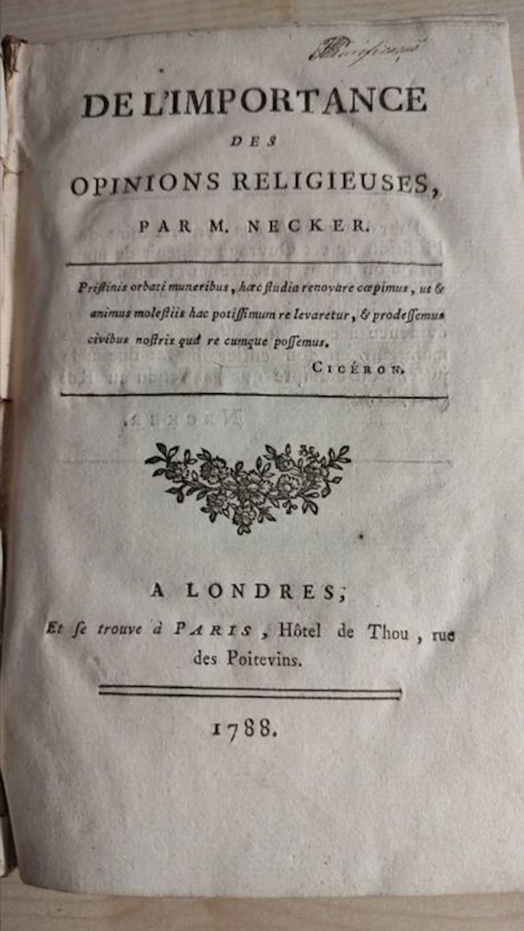 M. Necker - De L'Importance des Opinions Religieuses - 1788