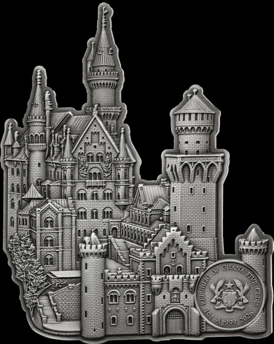 Ghana. 5 Cedits 2026 Monuments-Neuschwanstein 1 Oz, (.999)