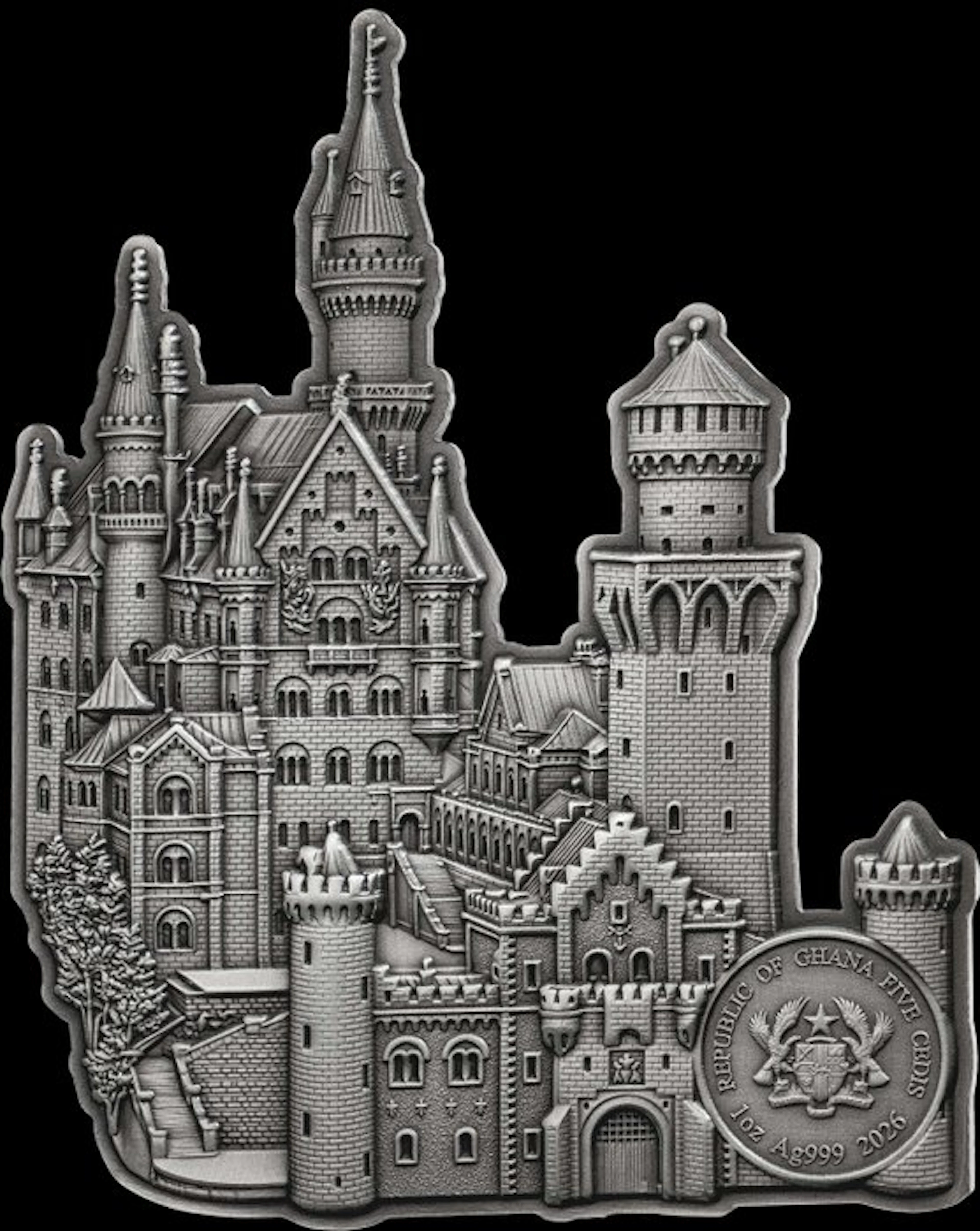 Ghana. 5 Cedits 2026 Monuments-Neuschwanstein 1 Oz, (.999)