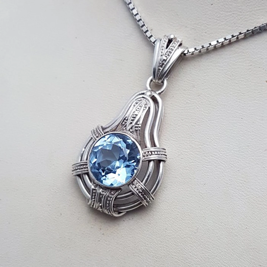 Silver, Large Art Deco, Blue Spinel (Tested) - Necklace with pendant