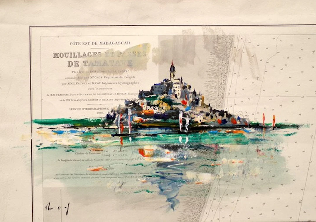 Denis Pascal dit "ROY" (XXI) - Le Mont-Saint-Michel sur carte marine ancienne