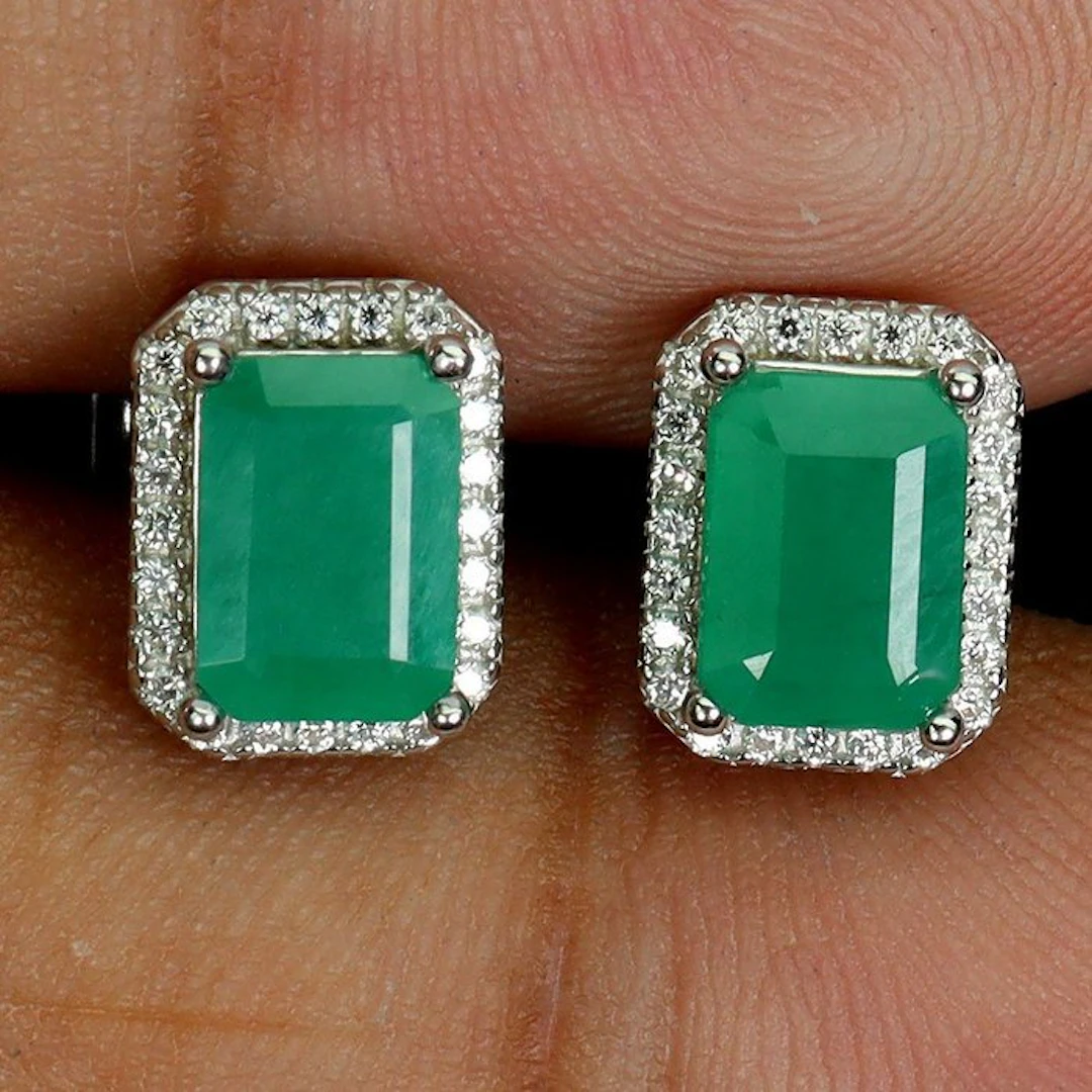 No reserve price - Earrings Silver, 14K White Gold plated Emerald