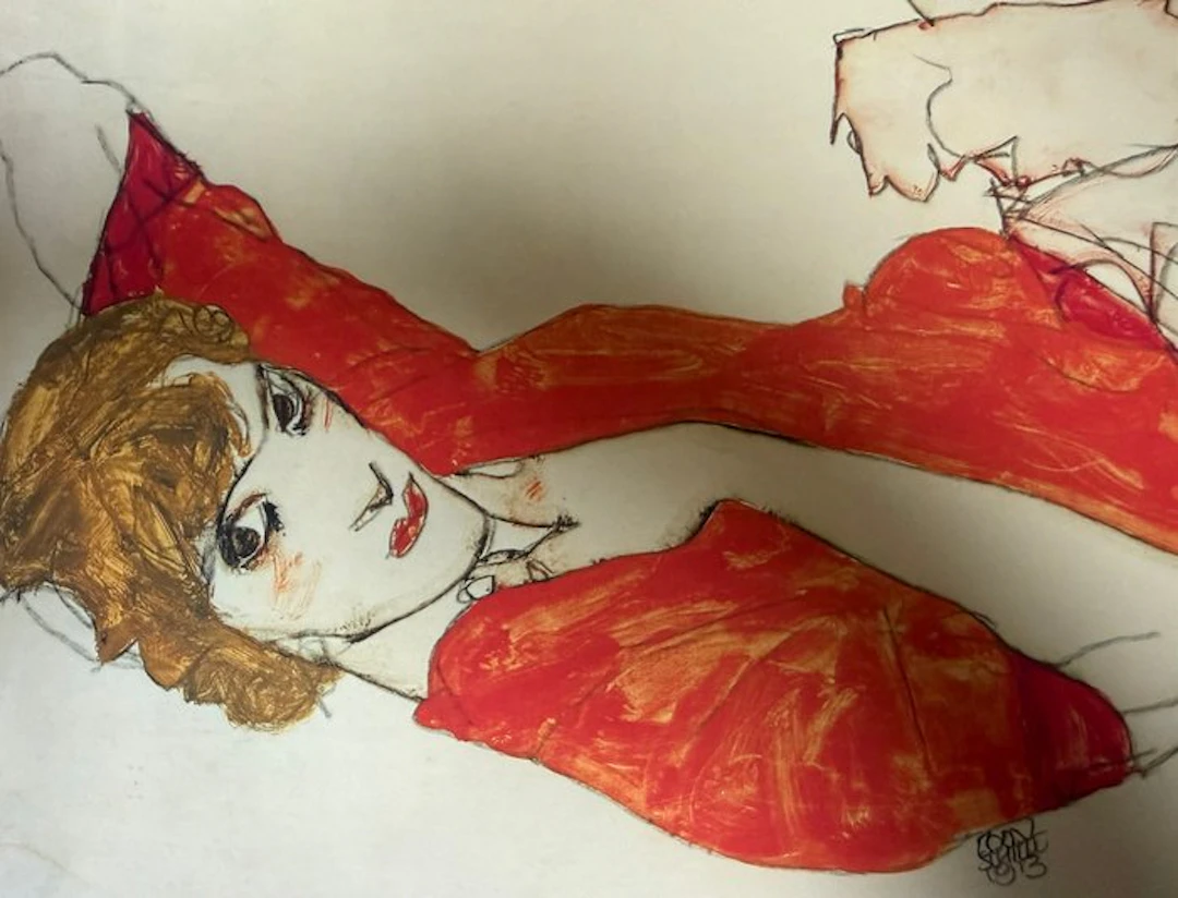 Egon Schiele - “Wally in a red blouse with raised knees