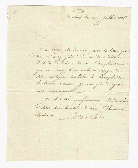 Le Maréchal Clarke [Premier Empire] - lettre signée - 1816