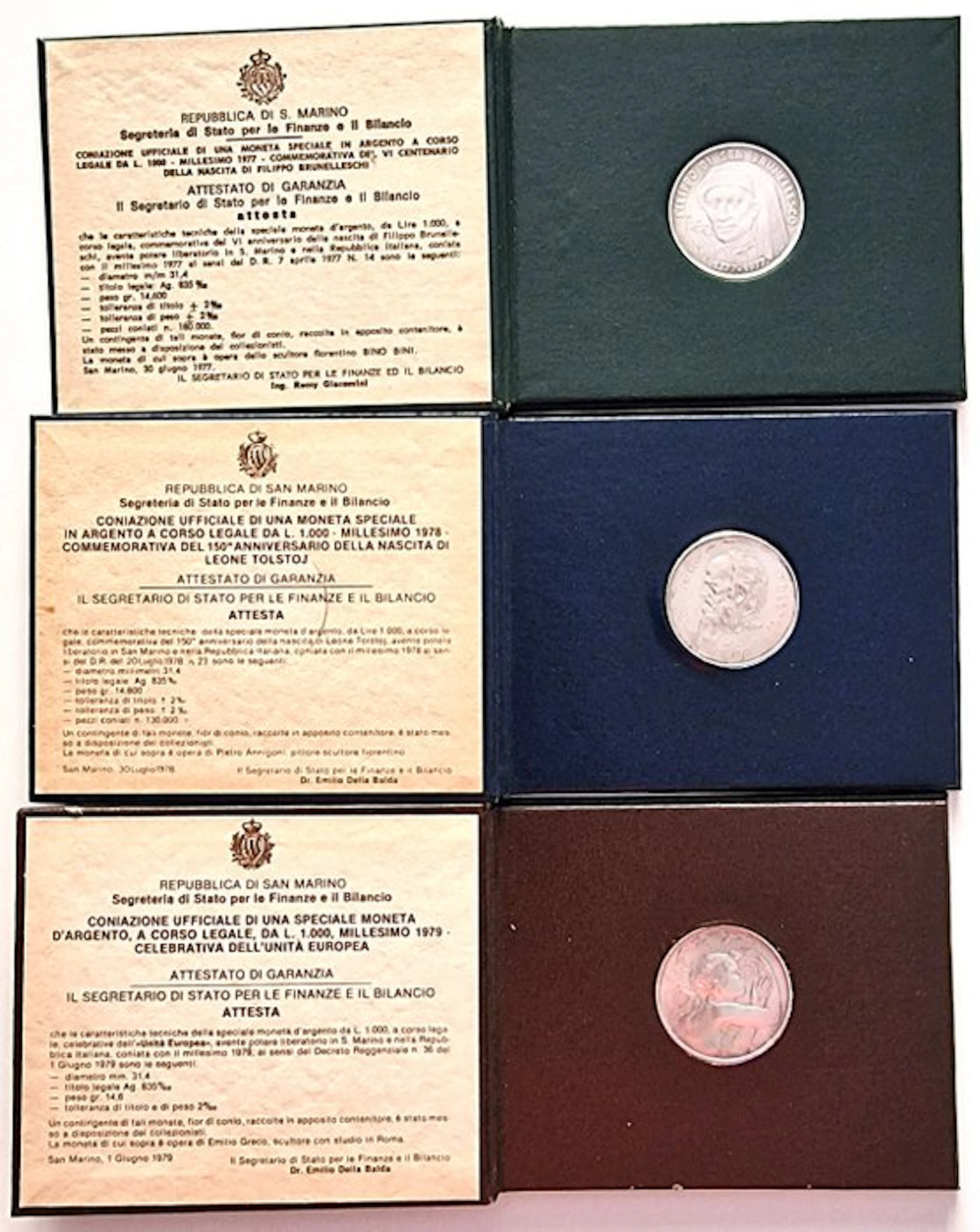 San Marino. 1000 Lire argento (3 monete) (No reserve price)