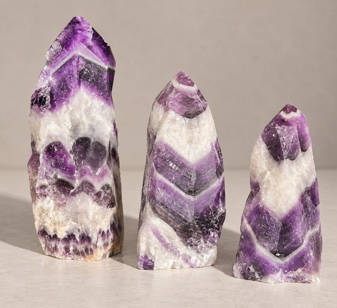 Set of 3 Natural Chevron Amethyst Crystal Points –...