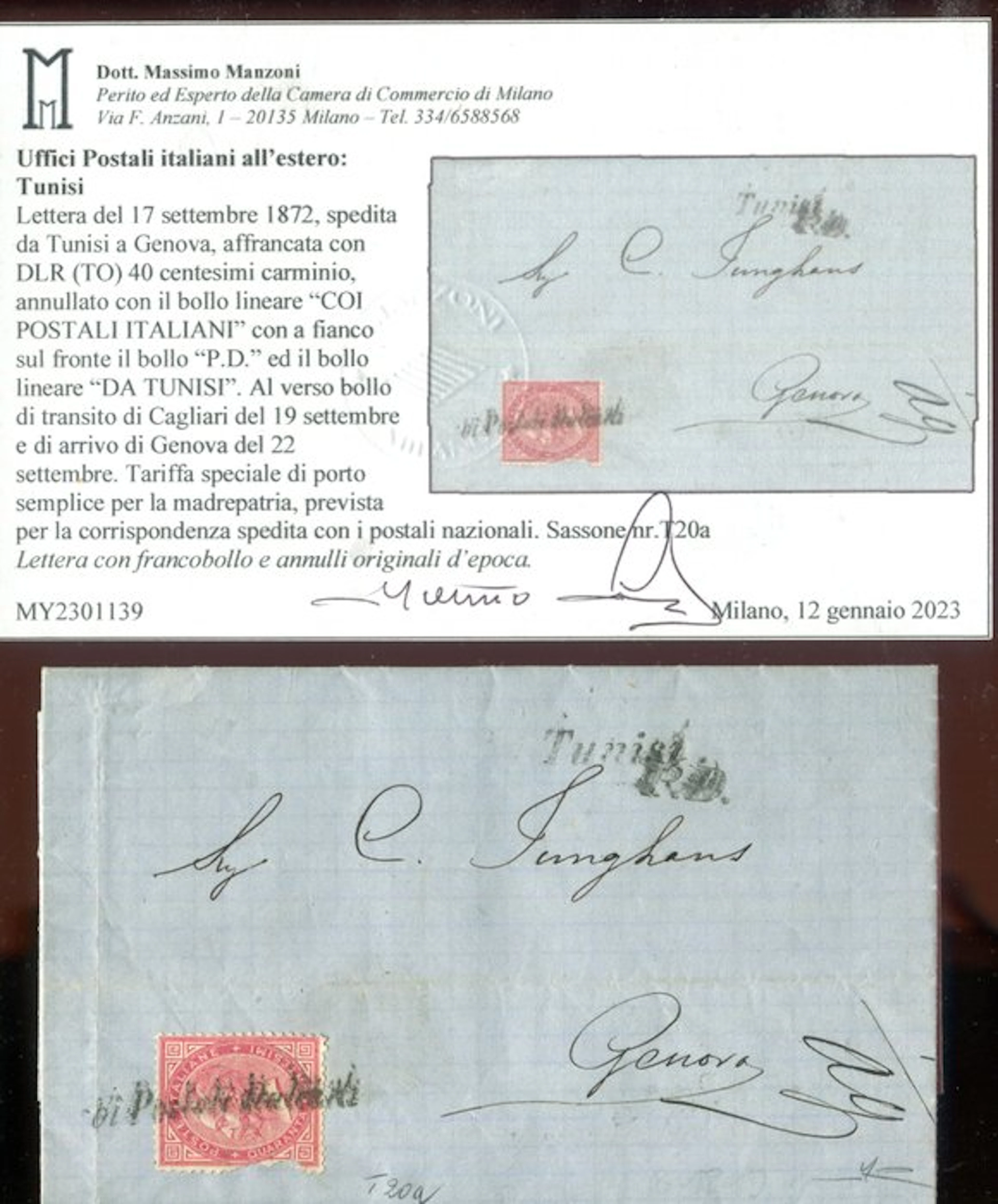 Italy Kingdom 1863 - Italian offices abroad. Tunis. - Sassone T20a