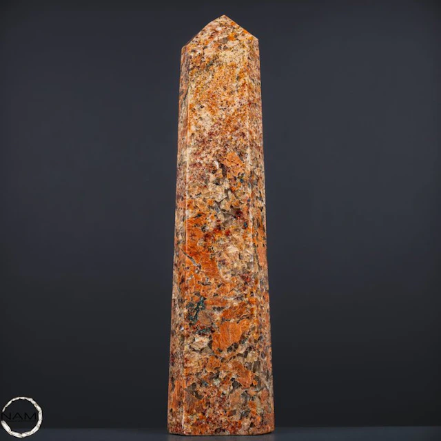 Natural garnet in feldspar matrix with peach moonstone as an obelisk- 2119.18 g