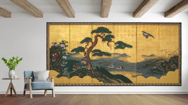 Folding screen with idyllic landscape - Lacquered wood