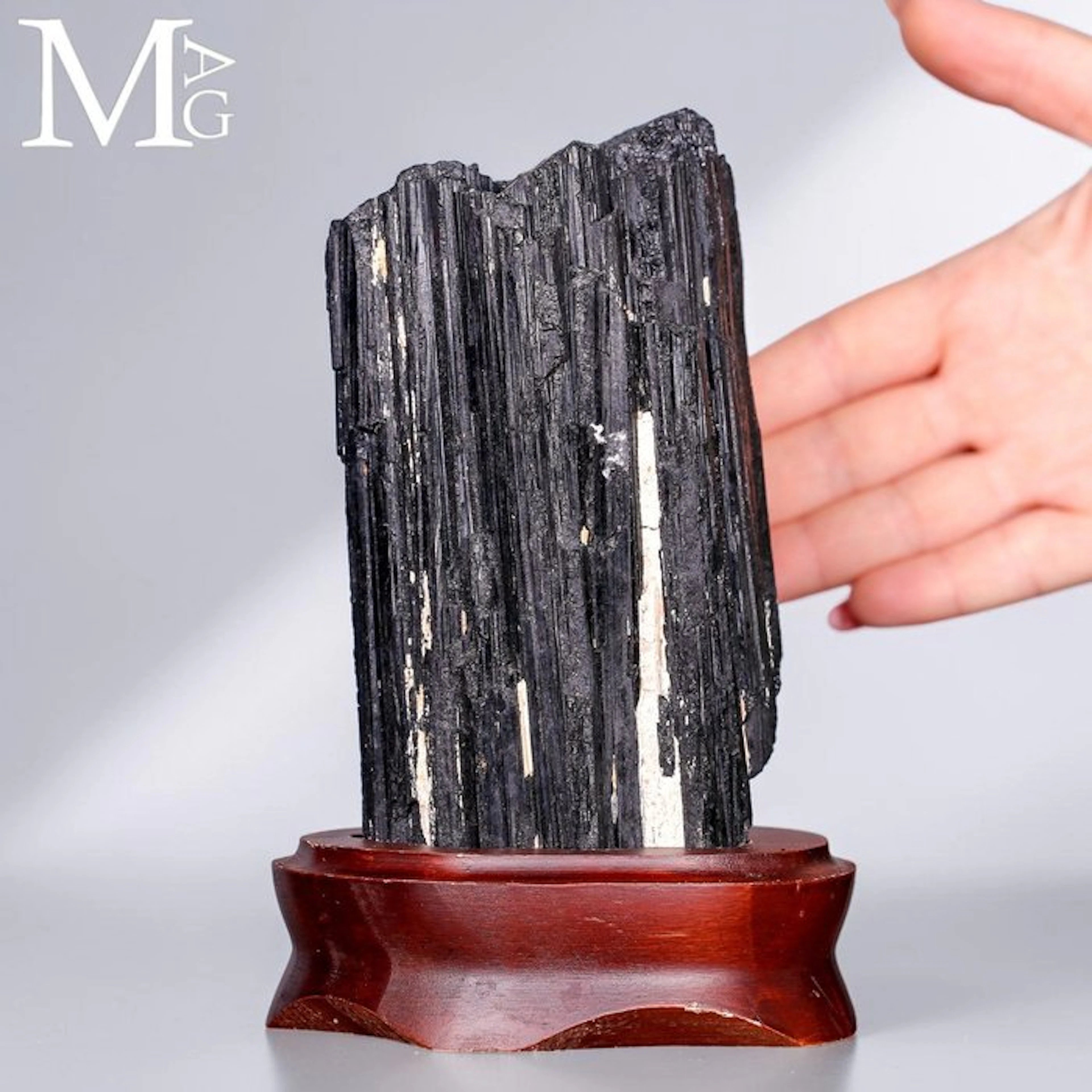 Natural Black Tourmaline Wooden Base Black Schorl...