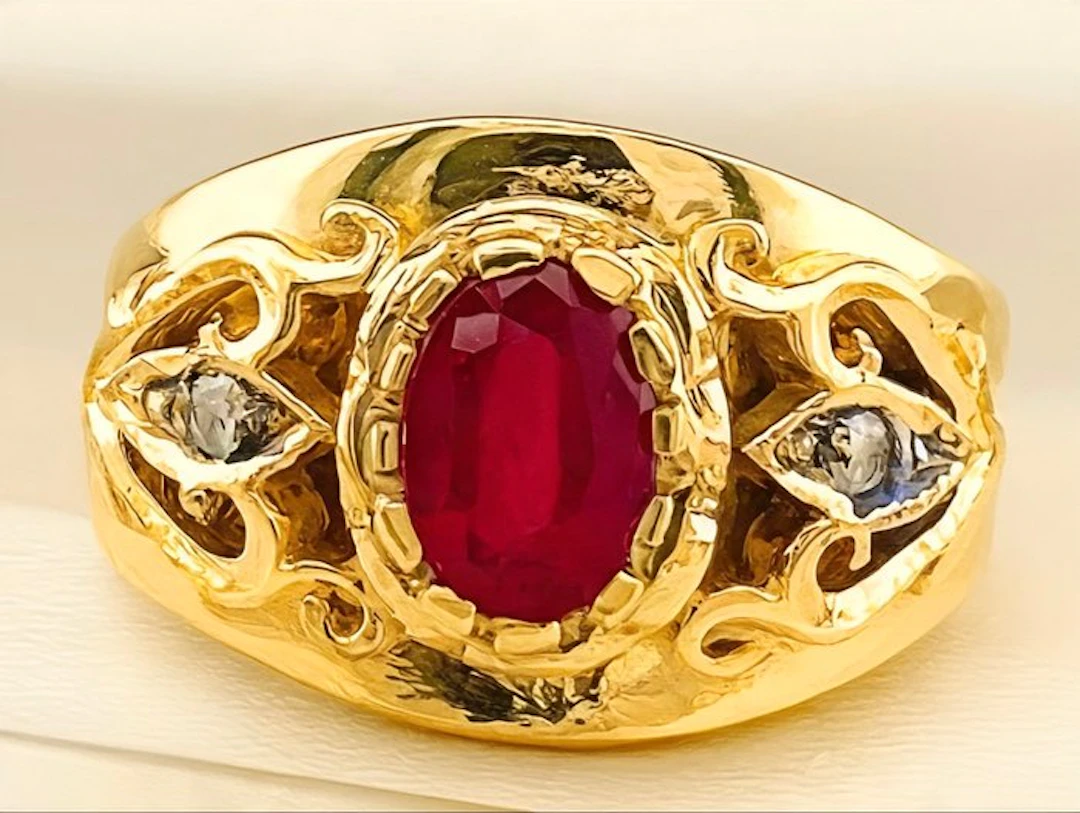 No reserve price - Ring - 9 kt. Yellow gold, Silver Ruby - Diamond
