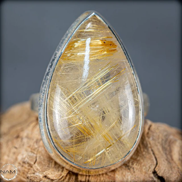 Natural rutile quartz crystal cabochon vintage ring 45.6 ct- 9.12 g