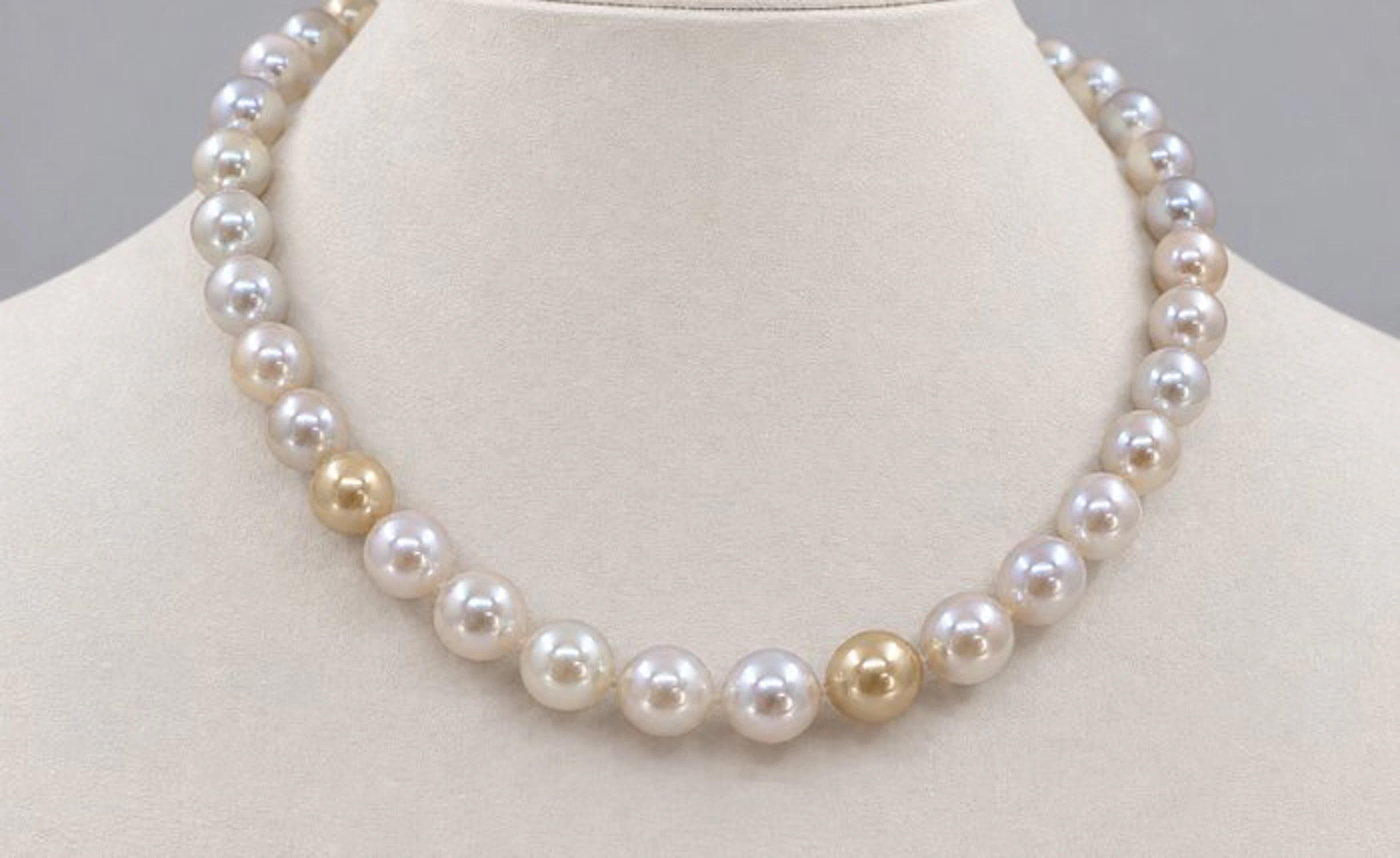 Necklace PSL Certified 8.0x10.8mm Round Golden and White South Sea Pearls